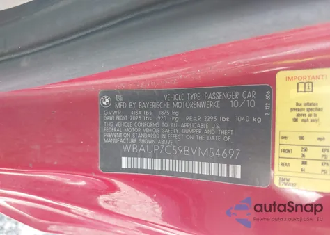 2011 BMW 128I из США, поврежденный, VIN WBAUP7C59BVM54697